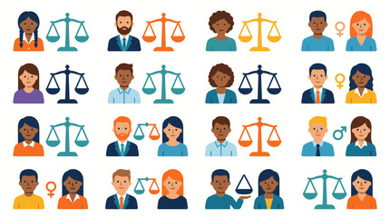 Fototapeta premium Diversity and social justice icons featuring multicultural people and scales.