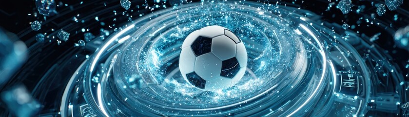 Naklejka premium A soccer ball surrounded by a swirling digital vortex of blue light and data, symbolizing the fusion of sports and technology, goals achieved, football world cup banner