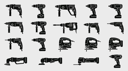 A set of power tool vector icons displayed in a 4x4 grid layout. © MOCHRABBUL