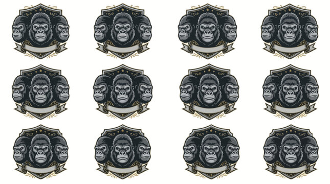 Aggressive gorilla mascot logos on grey shield emblems.