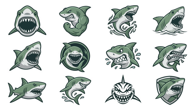 Aggressive green shark mascot logos with shield emblem designs.