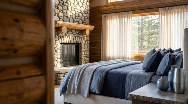 A serene bedroom interior with a stone fireplace, wooden accents, and a cozy bed setup in a rustic cabin or lodge, featuring a window with curtains.