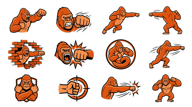 Aggressive orange gorilla action and impact icons.