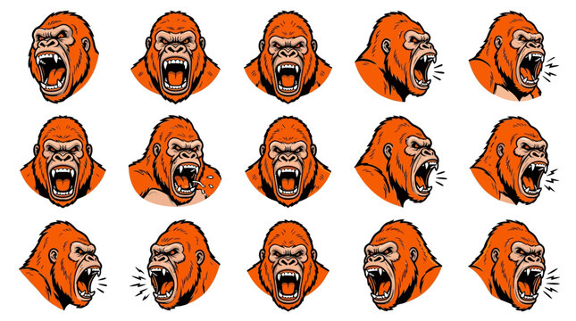 Aggressive orange gorilla face icons set for sports branding.