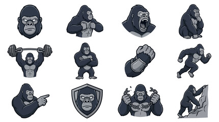 Angry silverback gorilla mascot icons for fitness and sports branding. © Muh
