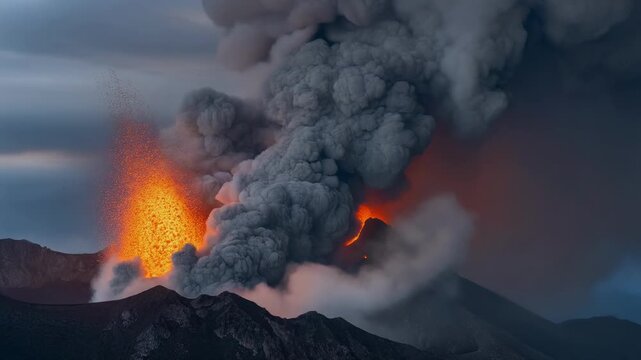 Powerful volcanic eruption with ash and smoke rising high into the sky over dramatic landscape