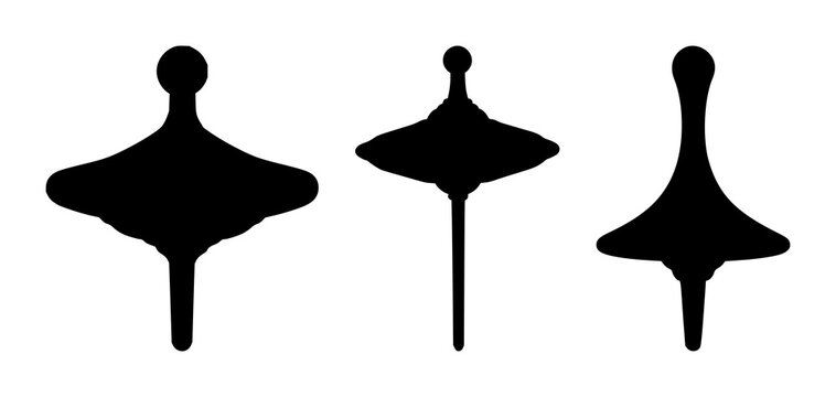 Black silhouette, white background: spinning top set with simple line art design featuring simple design, minimalist, black and white with illustrations and graphics