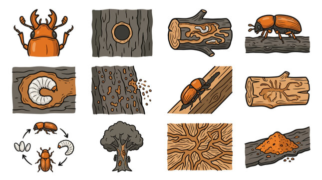 Bark beetle infestation and tree damage diagram set.