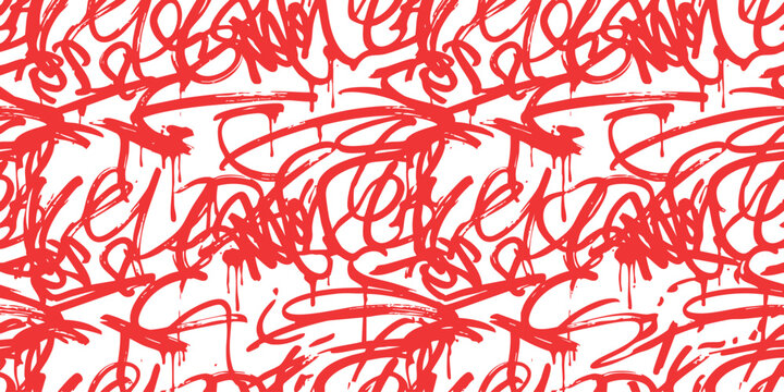 Seamless graffiti pattern with messy red hand written calligraphy tags and ink drips for urban street art