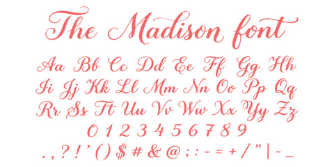 The Madison font alphabet set with uppercase and lowercase letters and numbers in a pink elegant script style © GraphixEra