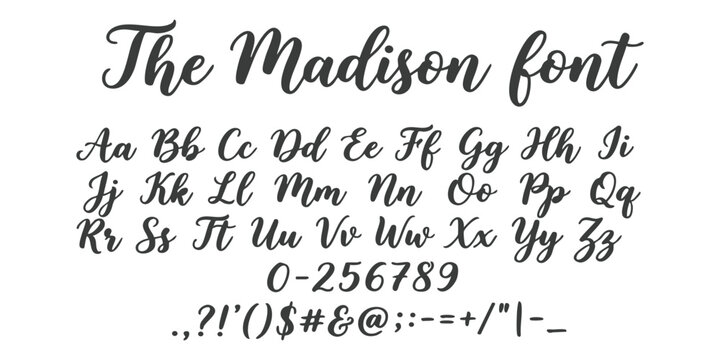 The Madison font with uppercase and lowercase letters plus numbers and punctuation symbols in a script style