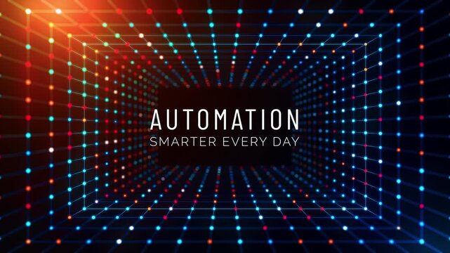 Animated rectangular wireframe network tunnel with smooth backward camera movement, parallax depth effect and Automation Smarter Every Day text reveal for futuristic technology presentations.