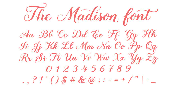 The Madison font alphabet set with uppercase and lowercase letters and numbers in a pink elegant script style