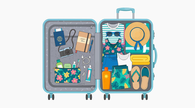 Packing for Adventure: A neatly packed open suitcase filled with vacation essentials, including clothing, toiletries, a camera, and travel documents, ready for an exciting journey.