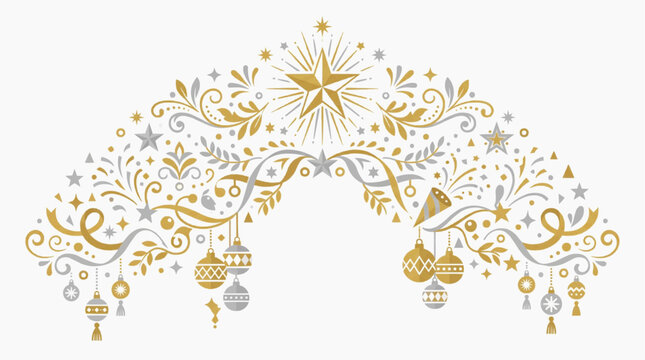 Festive Golden Ornament Archway: A beautiful, ornate archway design adorned with twinkling stars, swirling foliage, and decorative baubles in shimmering gold and silver.