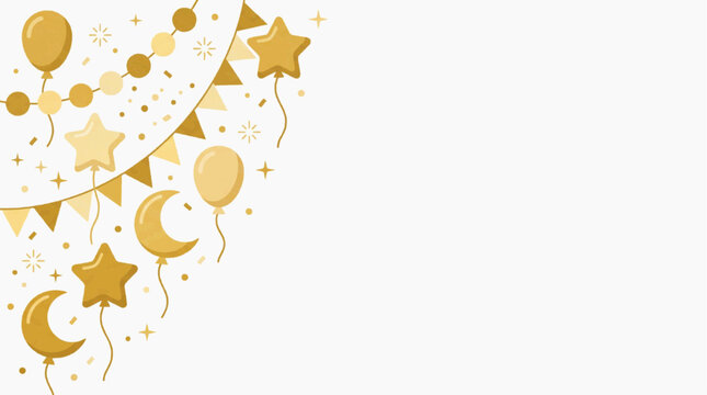 Golden Celebration Elements: A festive corner design features golden balloons, star and moon shapes, and pennant banners, evoking a sense of joyous celebration and festive spirit.