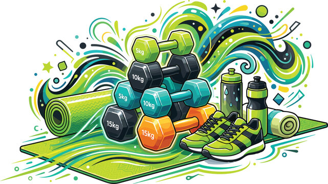 Vibrant Fitness Equipment Vector Illustration with Colorful Dumbbells Stack Running Shoes Yoga Mat and Water Bottles Over Dynamic Green Abstract Swirl Background