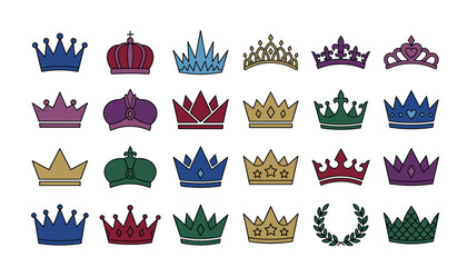 Royal queen crown tiara vector icon collection. Featuring colorful crowns, sultan turbans, and wreaths isolated on transparent background. © Creative Studio 