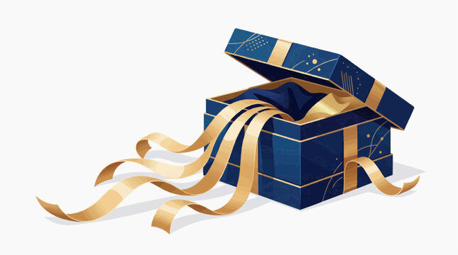 An Open Blue Gift Box with Gold Ribbons: A richly decorated blue gift box with intricate gold patterns and flowing ribbons is shown partially open, hinting at a surprise within.