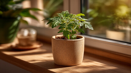 Fototapeta premium Small green plant in a textured ceramic pot on a sunny wooden windowsill with houseplant, sunlight