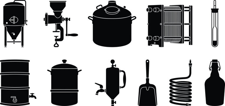 Home brewing equipment and craft beer manufacturing icons set isolated on a white backgroundMobile
