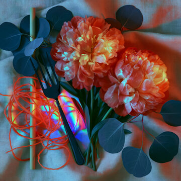 Pink Peonies with Eucalyptus and Garden Tools Flat Lay
