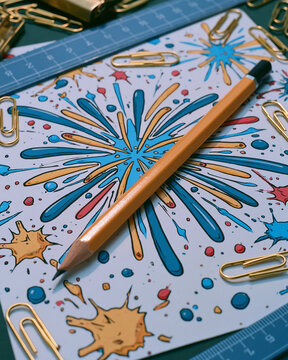 Orange Pencil on Fireworks Paper with Clips and Ruler