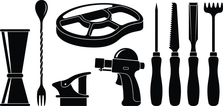Professional mixology and craft cocktail ice carving tools silhouette icons set isolated on white backgroundMobile