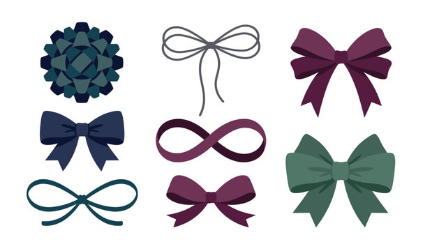 Elegant gift ribbon bow vector element illustration set. Featuring rosette knot, infinity loops, string ties, and colorful decorative festive borders isolated on transparent background.