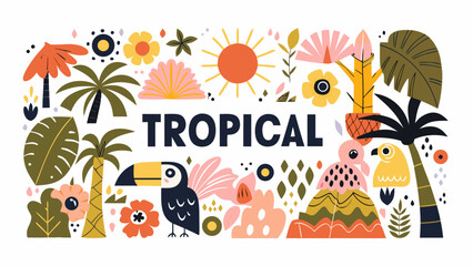 Fototapeta premium Tropical floral ornament with toucan sun and palm leaves in a colorful vector illustration