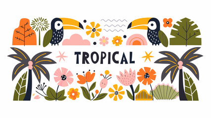 Fototapeta premium Tropical floral ornament with toucans and palm leaves a colorful vector illustration