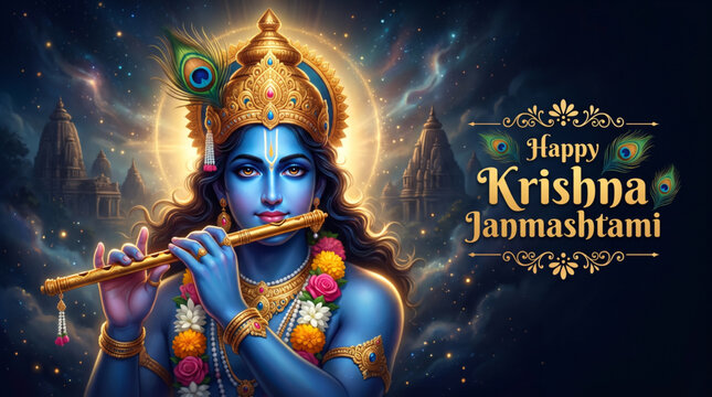 Lord Krishna Playing Flute on Dark Background for Janmashtami Festival Greeting Design