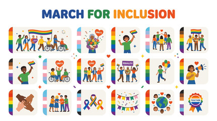 Fototapeta premium Diversity and Inclusion March People Celebrating Together with Pride Flags, Hearts, and Rainbows