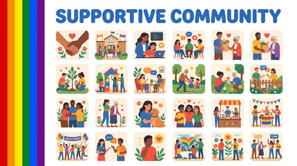 Fototapeta premium Diverse and inclusive community support illustrations showing connection, care, and belonging within a vibrant social setting