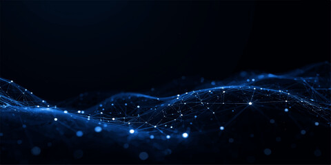 Abstract blue glowing particle wave with luminous network lines, futuristic plexus mesh, flowing data stream visualization, and advanced cyber technology background © Vactor Viky