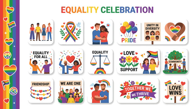 Diverse Equality Celebration Icons Celebrating Unity and Love, Featuring LGBTQ+ Pride Symbols and Community Representation
