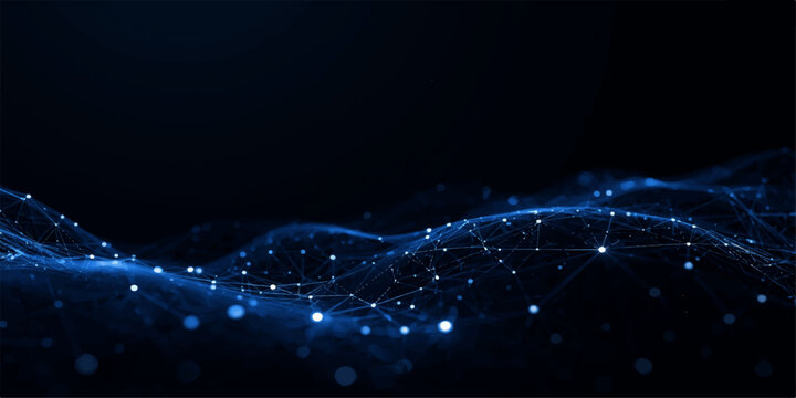 Abstract blue glowing particle wave with luminous network lines, futuristic plexus mesh, flowing data stream visualization, and advanced cyber technology background