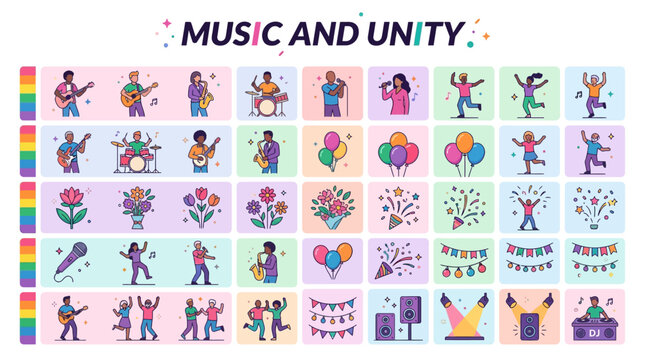 A vibrant grid of illustrations celebrating music and unity, featuring diverse people enjoying activities together