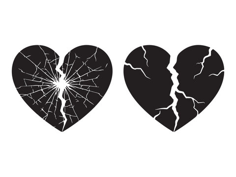 Broken Heart Silhouette Icons Set - Shattered and Cracked Heart Symbols for Divorce, Sadness, and Heartbreak