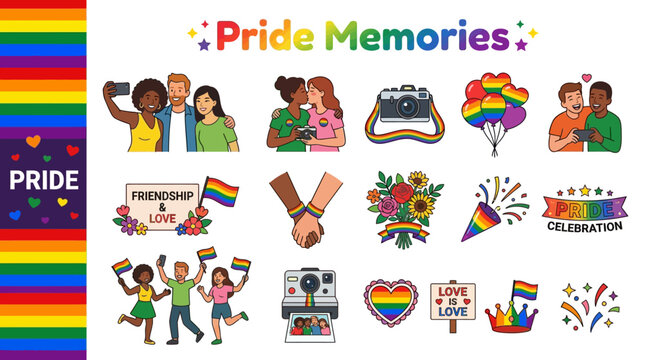 Pride Memories flat vector icon set for LGBTQ+ celebration, love, friendship, and joy