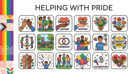 Fototapeta premium Pride Month vector icons with symbols of support, community, and celebration for LGBTQ+ awareness