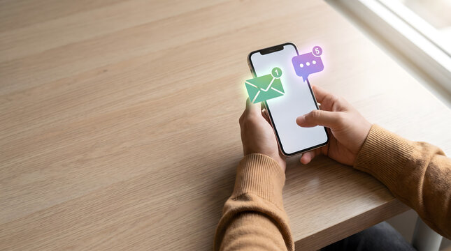 Hands holding smartphone with new email and chat message notification icons on wooden desk, Digital communication and social media networking concept with unread message alerts.