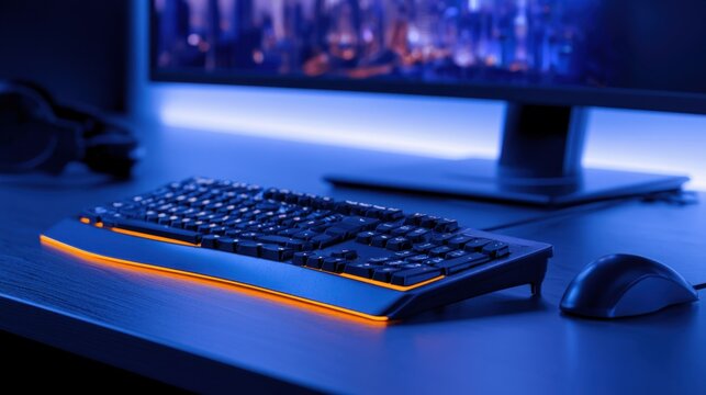 A sleek gaming keyboard illuminated by vibrant orange lights, paired with a matching mouse on a desk