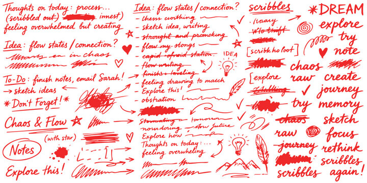 Handwritten notes and messy scribbles collection with creative words and red ink marks for business planning