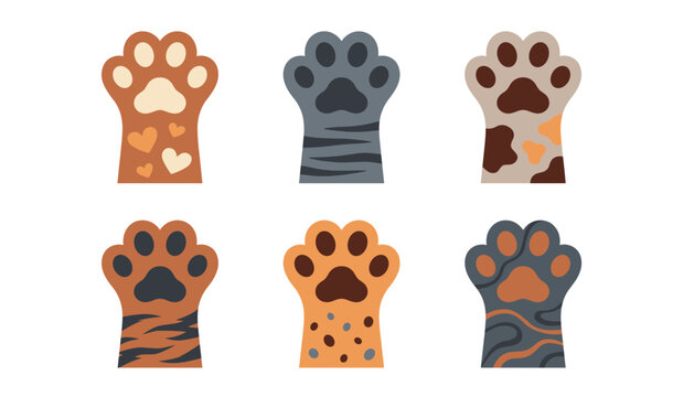 Cute cat paw print vector illustration icon collection. Featuring colorful cartoon kitten feet, tiger stripes, leopard spots, and heart patterns isolated on transparent background.