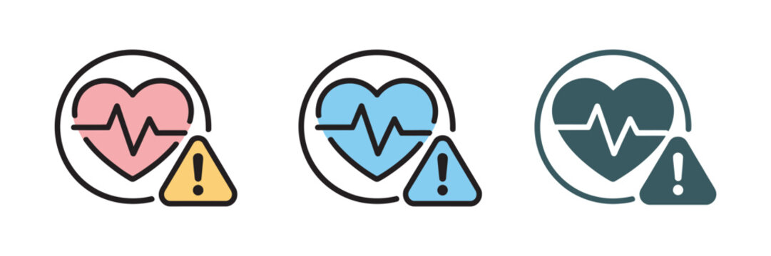 heart disease icon set multi style collection featuring cardiovascular health, medical care, ECG and heart condition symbols in outline, solid and flat styles