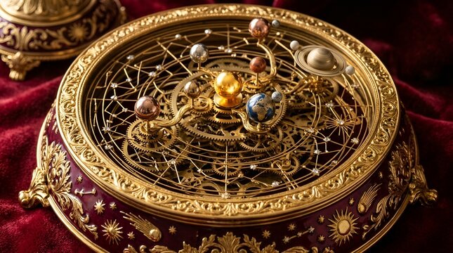 Luxury Vintage Mechanical Orrery, Golden Clockwork Solar System Model on Red Velvet Background