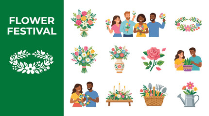 Fototapeta premium Flower Festival Icon Sheet A Collection of Beautiful Floral Illustrations for Celebrations and Events