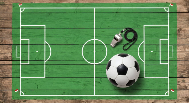 Football field painted on wooden background with soccer ball and whistle. Generative AI.