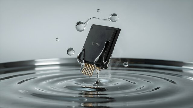 Microchip Semiconductor Component Dropping into Water Creating Splash